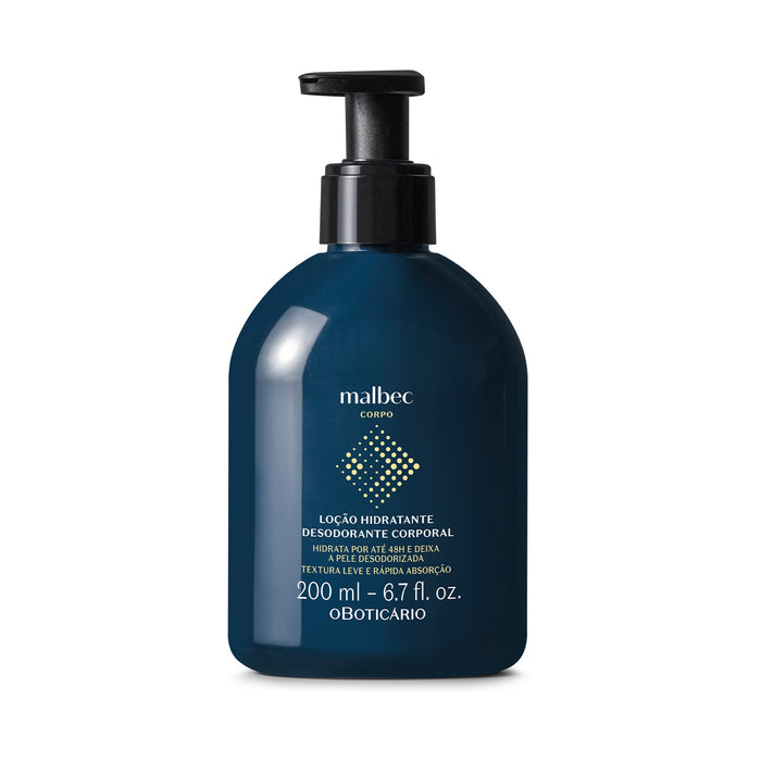 O Boticário Malbec Deodorant Body Lotion 200 ml navy pump bottle, front view of the classic Brazilian men's woody-aromatic moisturizer – Buy now at MKPBR.COM – Worldwide Shipping