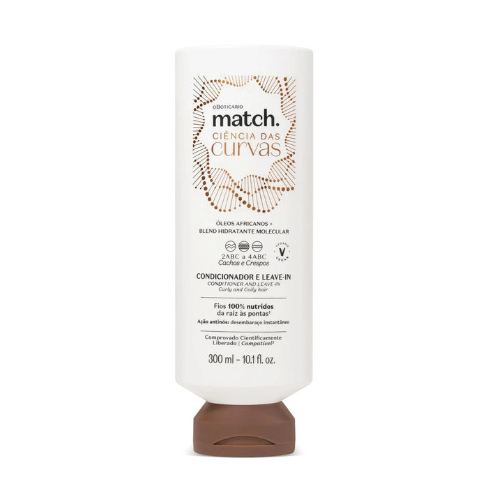 O Boticario Match Ciencia das Curvas 2-in-1 Conditioner and Leave-In 300 ml white bottle with copper DNA artwork, front label view for curly and coily hair – Buy now at MKPBR.COM – Worldwide Shipping