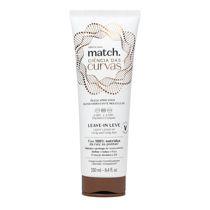 Front view of the Boticário Match Ciência das Curvas lightweight curl leave-in gel 250 ml tube, a Brazilian curl-defining and frizz-control styling jelly for wavy, curly and coily hair – Buy now at MKPBR.COM – Worldwide Shipping