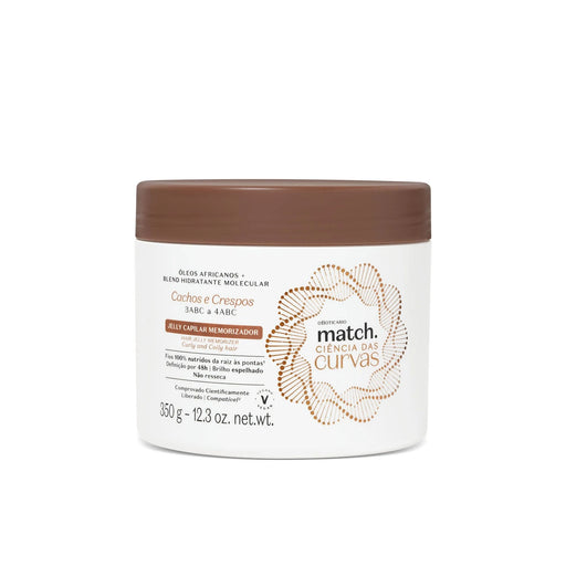 Boticário Match Ciência das Curvas Memory Styling Jelly for Curls 350 g jar front view, Brazilian vegan curl-defining hair jelly – Buy now at MKPBR.COM – Worldwide Shipping