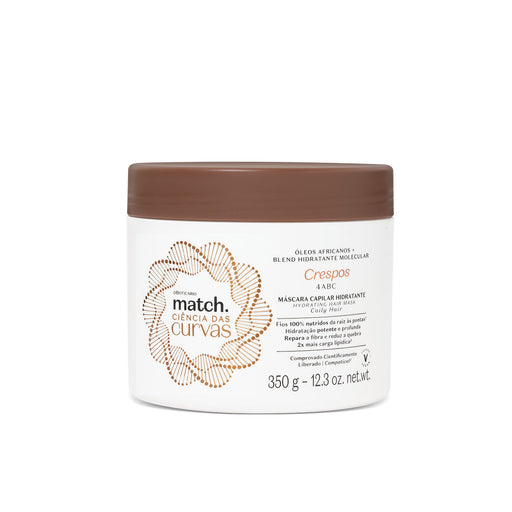 O Boticário Match Ciência das Curvas Crespos hydrating hair mask 350g jar, front packshot of the Brazilian no-poo deep conditioning mask for 4BC coils – Buy now at MKPBR.COM – Worldwide Shipping