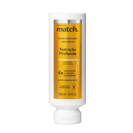 Front of the O Boticário Match Fonte da Nutrição Deep Nutrition Conditioner bottle, 9.47 fl oz (280 ml), white flip-top tube with yellow purified-oils label – Buy now at MKPBR.COM – Worldwide Shipping