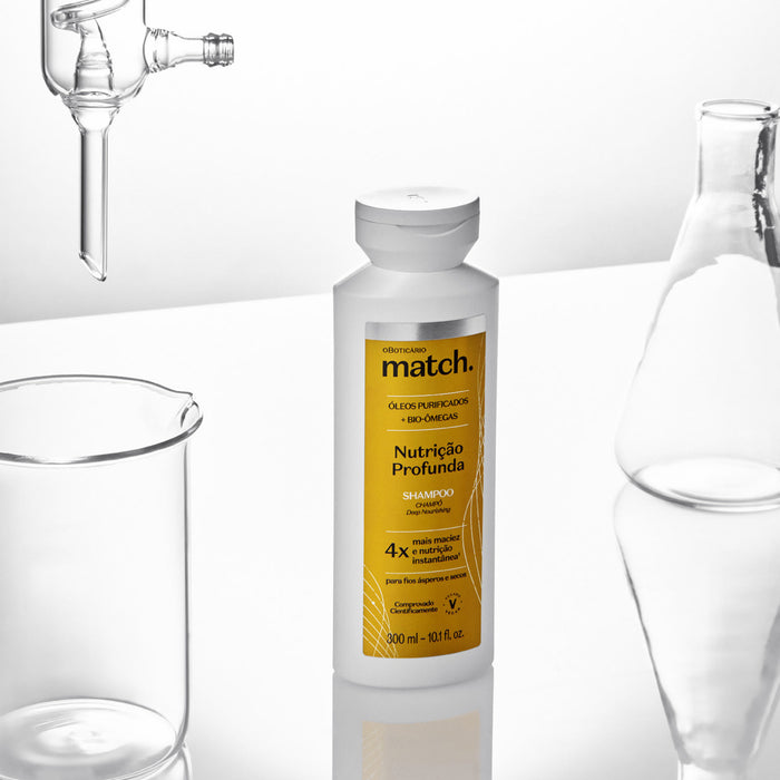 Boticário Match Deep Nutrition Shampoo 300 ml bottle with purifying oil and Bio-Omegas displayed among laboratory glassware beakers and flasks, scientifically tested Brazilian haircare – Buy now at MKPBR.COM – Worldwide Shipping