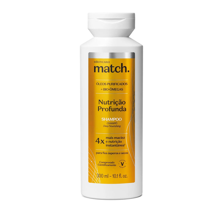 Boticário Match Nutrição Profunda Deep Nutrition Shampoo 300 ml white refillable bottle with gold label, front view, vegan Brazilian shampoo for dry and coarse hair – Buy now at MKPBR.COM – Worldwide Shipping
