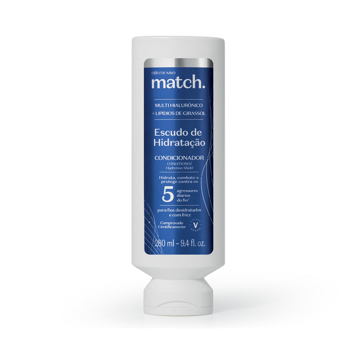 Front of the 280 ml bottle of Boticário Match Escudo de Hidratação Conditioner, Brazilian Multi-Hyaluronic conditioner for dry, frizz-prone hair – Buy now at MKPBR.COM – Worldwide Shipping