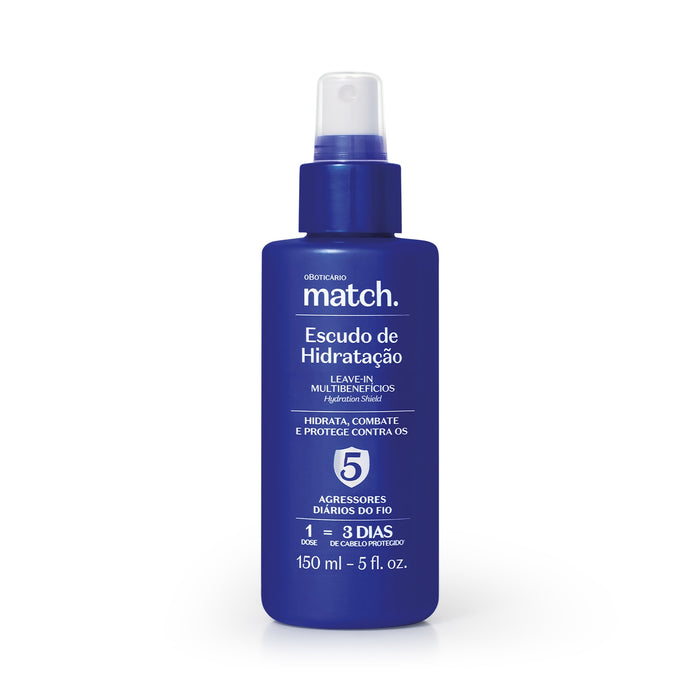 Front view of O Boticário Match Escudo de Hidratação multi-benefit leave-in spray bottle for dry curly hair – Buy now at MKPBR.COM – Worldwide Shipping