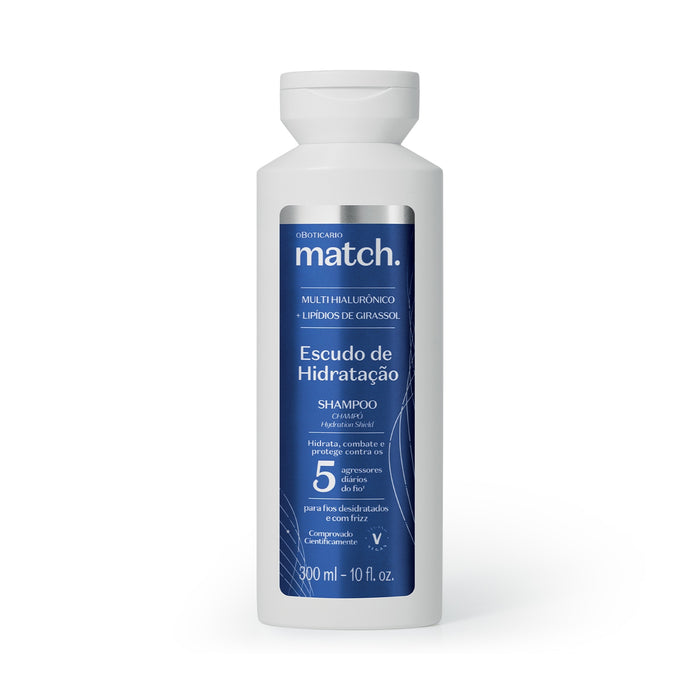 O Boticário Match Escudo de Hidratação Micellar Shampoo 300 ml front view of the blue bottle with pump cap, Brazilian multi-hyaluronic shampoo for dry frizzy hair – Buy now at MKPBR.COM – Worldwide Shipping