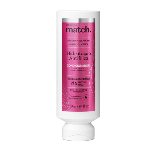 Front view of O Boticário Match Hidratação Antifrizz Conditioner 280 ml bottle, Brazilian anti-frizz conditioner with sealing creatine – Buy now at MKPBR.COM – Worldwide Shipping