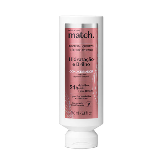 Front view of Boticário Match Hidratação e Brilho Conditioner 280 ml bottle with quartz biocrystal and avocado oil for 24h mirror shine – Buy now at MKPBR.COM – Worldwide Shipping