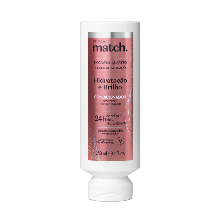 Front view of Boticário Match Hidratação e Brilho Conditioner 280 ml bottle with quartz biocrystal and avocado oil for 24h mirror shine – Buy now at MKPBR.COM – Worldwide Shipping