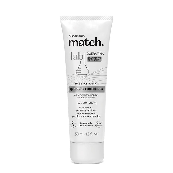 O Boticário Match Lab Concentrated Keratin Shock Treatment 50 ml white tube front, Brazilian pre and post chemical hair concentrate – Buy now at MKPBR.COM – Worldwide Shipping