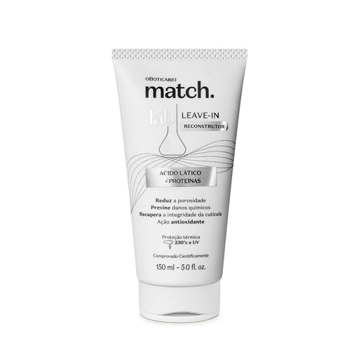 Boticário Match Lab Multi-Benefit Rebuilding Leave-In 150 ml bottle front view, Brazilian rebuilding leave-in cream for damaged, bleached and chemically treated hair with 230°C heat protection – Buy now at MKPBR.COM – Worldwide Shipping