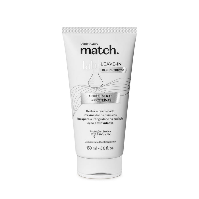 Boticário Match Lab Multi-Benefit Rebuilding Leave-In 150 ml bottle front view, Brazilian rebuilding leave-in cream for damaged, bleached and chemically treated hair with 230°C heat protection – Buy now at MKPBR.COM – Worldwide Shipping