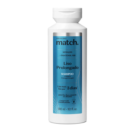Front of the O Boticario Match Liso Prolongado straight hair shampoo 300 ml bottle with Keraliss complex and panthenol – Buy now at MKPBR.COM – Worldwide Shipping