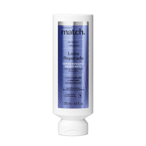 Front view of the Boticário Match Loiro Reparado Blonde Repair Conditioner 280 ml bottle for bleached and blonde hair – Buy now at MKPBR.COM – Worldwide Shipping