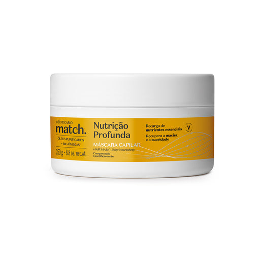 O Boticário Match Nutrição Profunda Deep Nutrition Hair Mask 250 g white jar with yellow front label, front view – Buy now at MKPBR.COM – Worldwide Shipping