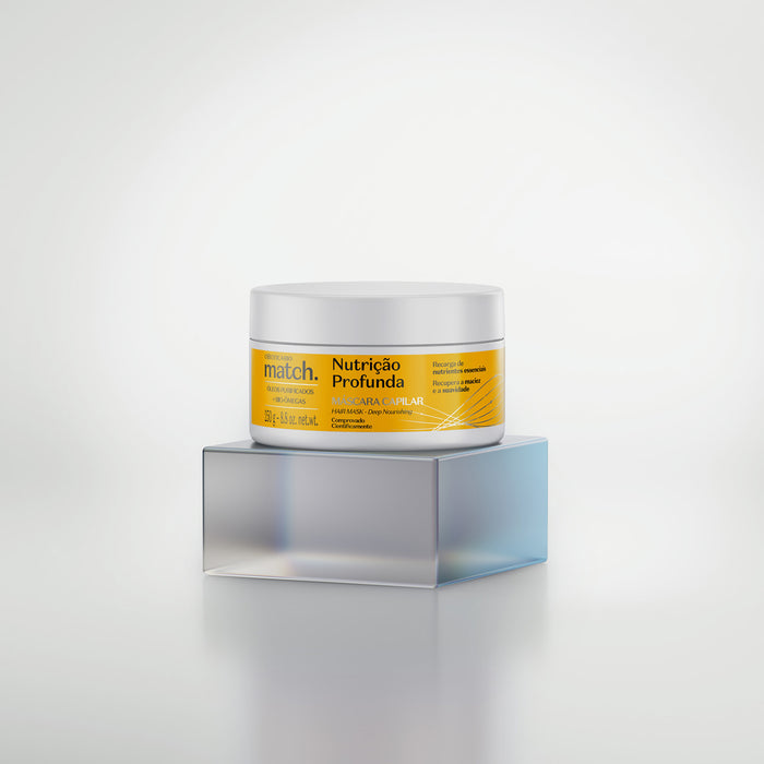 Boticário Match Deep Nutrition Hair Mask jar displayed at an angle on a frosted glass pedestal, Brazilian vegan hair treatment – Buy now at MKPBR.COM – Worldwide Shipping