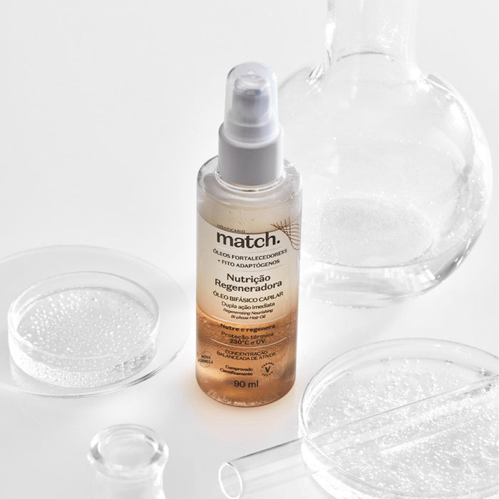 O Boticário Match Nutrição Regeneradora two-phase hair oil 90 ml bottle styled with laboratory glassware and petri dishes highlighting the Brazilian formula – Buy now at MKPBR.COM – Worldwide Shipping