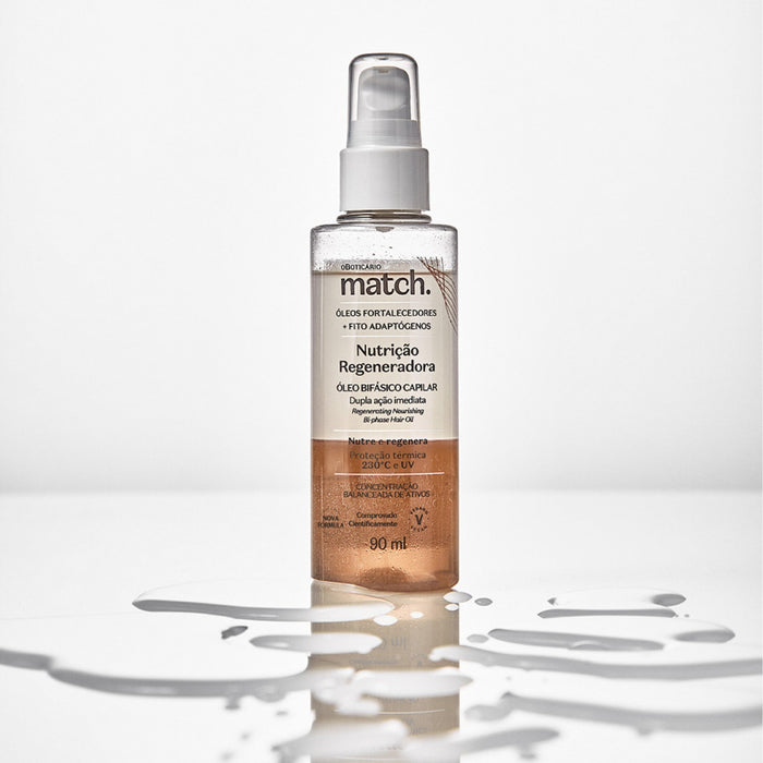 Brazilian Boticário Match Nutrição Regeneradora biphase leave-in hair oil 90 ml pump bottle on a white surface surrounded by water droplets – Buy now at MKPBR.COM – Worldwide Shipping