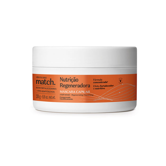 Boticário Match Nutrição Regeneradora Regenerating Hair Mask 250 g white jar with orange label, front view of the Brazilian vegan deep nourishing treatment for dry hair – Buy now at MKPBR.COM – Worldwide Shipping