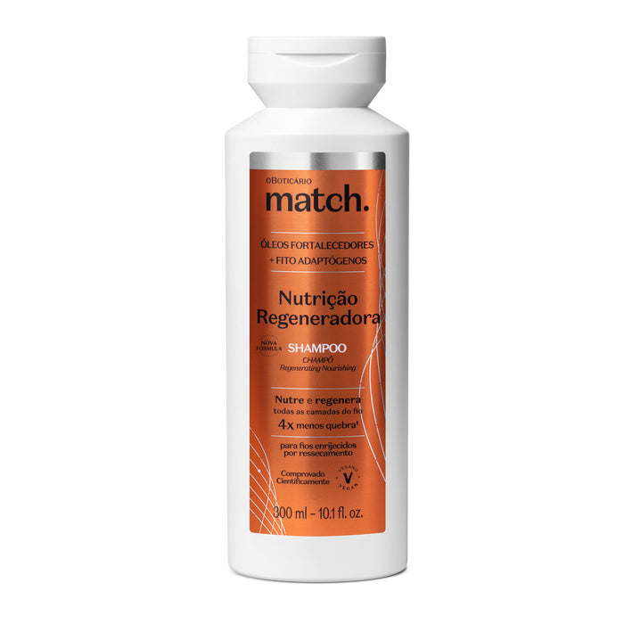 O Boticário Match. Nutrição Regeneradora Regenerating Shampoo 300 ml white refillable bottle with orange label, strengthening oils and phyto-adaptogens for dry hair – Buy now at MKPBR.COM – Worldwide Shipping