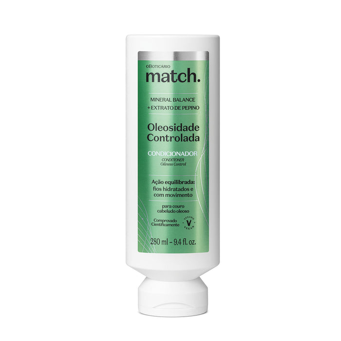 Boticário Match Oleosidade Controlada Conditioner 280 ml, front view of the Brazilian oil control conditioner bottle for oily scalp and lightweight hydration – Buy now at MKPBR.COM – Worldwide Shipping