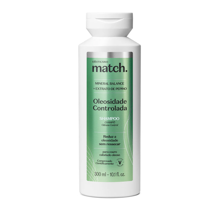 Boticário Match Oleosidade Controlada Oil Control Shampoo 300 ml front view of the bottle, Brazilian zinc Mineral Balance and cucumber shampoo for oily scalp – Buy now at MKPBR.COM – Worldwide Shipping