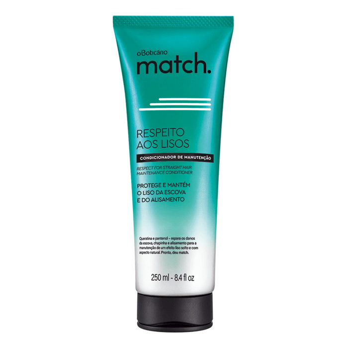 O Boticário Match Respeito aos Lisos Maintenance Conditioner 250 ml front view of the bottle, Brazilian keratin and panthenol conditioner for chemically straightened hair – Buy now at MKPBR.COM – Worldwide Shipping