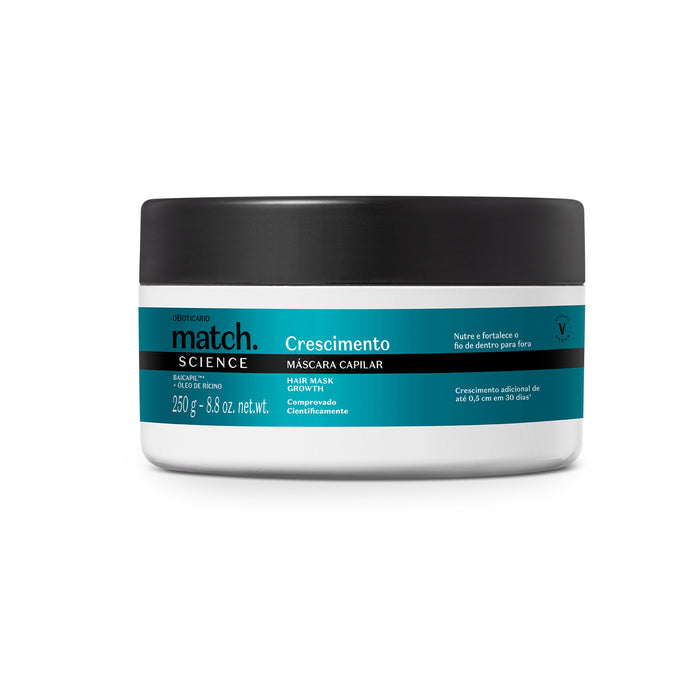 Front view of the Boticário Match Science Crescimento Hair Mask 250 g jar, a Brazilian intensive treatment mask with Baicapil and castor oil – Buy now at MKPBR.COM – Worldwide Shipping