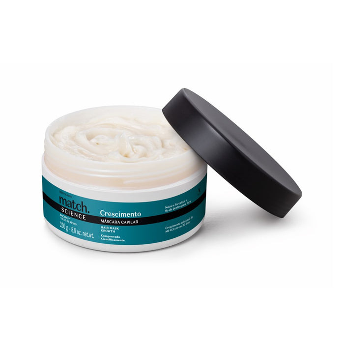 Open jar of Boticário Match Science Crescimento Hair Mask showing the thick creamy conditioning texture of this Brazilian hair treatment – Buy now at MKPBR.COM – Worldwide Shipping