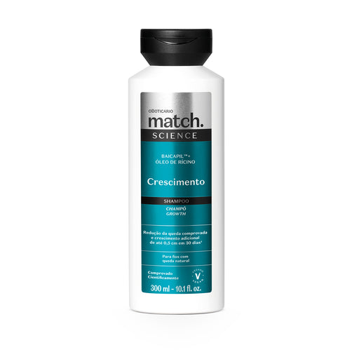 Front view of the Boticário Match Science Crescimento Shampoo 300 ml bottle, a Brazilian gentle daily cleansing shampoo with Baicapil and castor oil – Buy now at MKPBR.COM – Worldwide Shipping