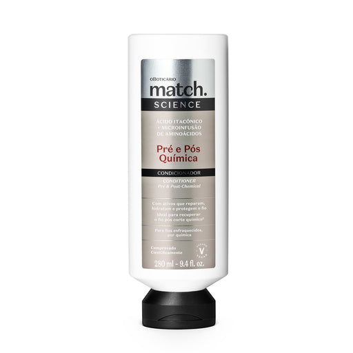 O Boticário Match Science Pré e Pós-Química Conditioner 280 ml front view of the bottle for chemically treated hair with 3x less breakage – Buy now at MKPBR.COM – Worldwide Shipping