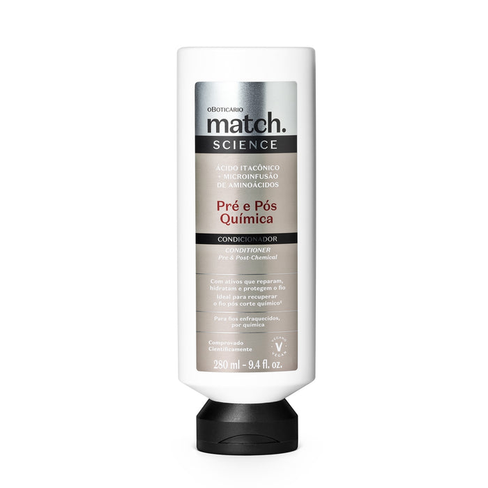 O Boticário Match Science Pré e Pós-Química Conditioner 280 ml front view of the bottle for chemically treated hair with 3x less breakage – Buy now at MKPBR.COM – Worldwide Shipping