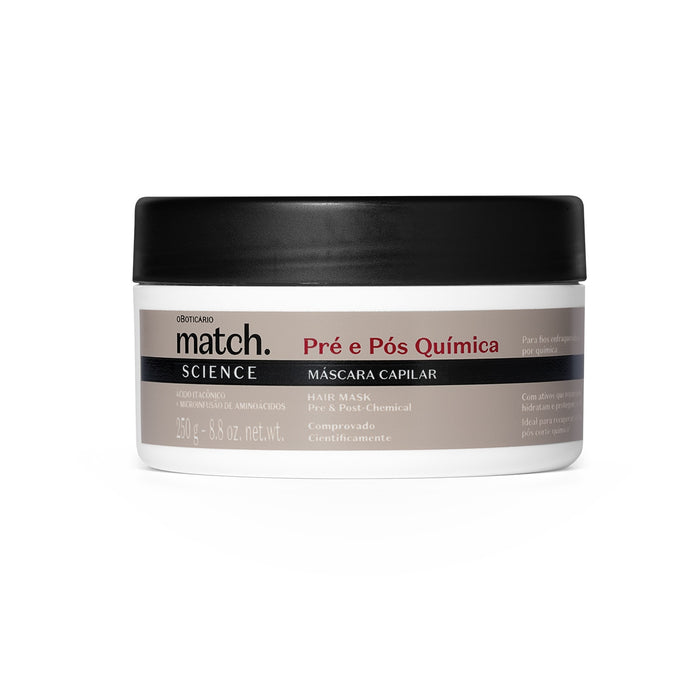 O Boticário Match Science Pré e Pós-Química hair mask 250 g jar front view, Brazilian reconstruction treatment for chemically treated hair – Buy now at MKPBR.COM – Worldwide Shipping