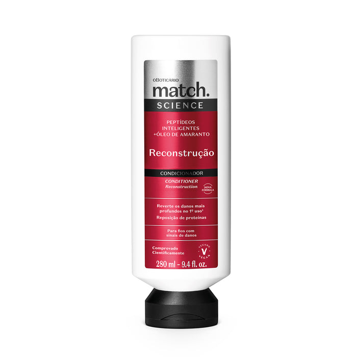 Boticário Match Science Reconstrução Conditioner 280 ml front view of the white and blue Brazilian fiber-rebuilding hair conditioner bottle – Buy now at MKPBR.COM – Worldwide Shipping