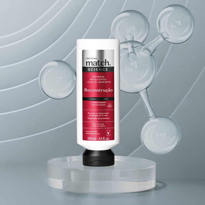 Boticário Match Science Reconstrução Conditioner 280 ml styled in a bathroom shower setting as part of a Brazilian hair reconstruction routine – Buy now at MKPBR.COM – Worldwide Shipping