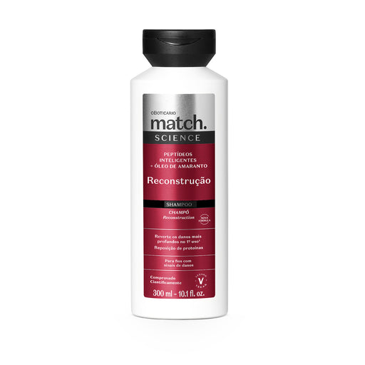 Boticário Match Science Reconstrução Rebuilding Shampoo 300 ml front view of the Brazilian bottle with smart peptides and amaranth – Buy now at MKPBR.COM – Worldwide Shipping