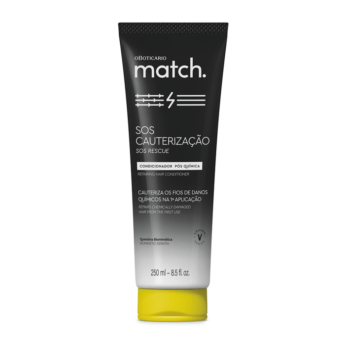 O Boticário Match SOS Cauterização post-chemical conditioner 250 ml bottle front view, Brazilian recovery care for chemically treated hair – Buy now at MKPBR.COM – Worldwide Shipping