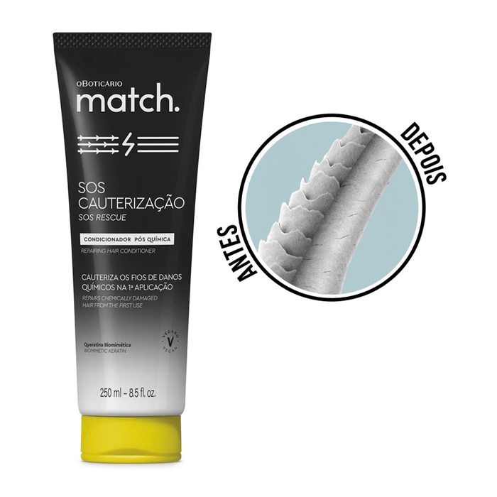 O Boticário Match SOS Cauterização conditioner 250 ml packaging detail with biomimetic keratin formula for post-chemical hair repair – Buy now at MKPBR.COM – Worldwide Shipping