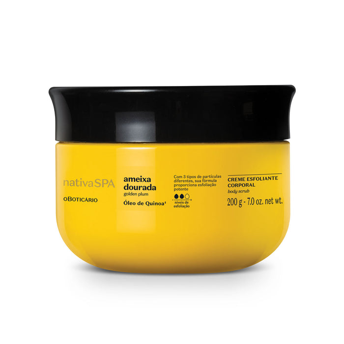 Front view of the yellow O Boticário Nativa SPA Ameixa Dourada Golden Plum exfoliating body cream 200 g jar with black lid – Buy now at MKPBR.COM – Worldwide Shipping