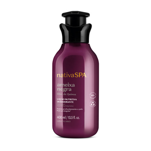O Boticario Nativa SPA Ameixa Negra Deodorant Body Lotion 400 ml purple bottle front packshot with black plum fragrance – Buy now at MKPBR.COM – Worldwide Shipping