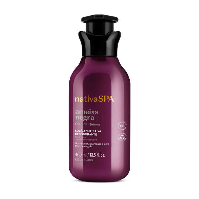 O Boticario Nativa SPA Ameixa Negra Deodorant Body Lotion 400 ml purple bottle front packshot with black plum fragrance – Buy now at MKPBR.COM – Worldwide Shipping
