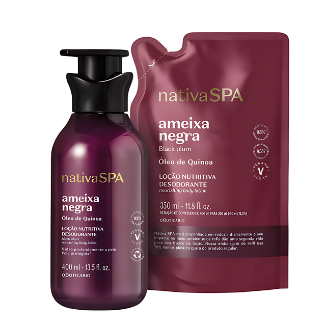 Boticário Nativa Spa Ameixa Negra Essential Duo with bottle and refill – Buy now at MKPBR.COM – Worldwide Shipping