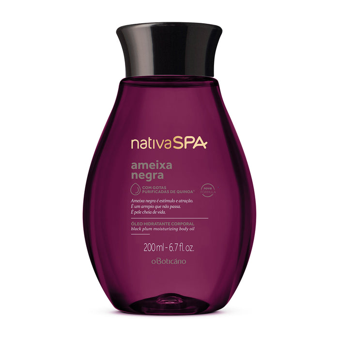 Front view of the Boticário Nativa SPA Ameixa Negra Hydrating Body Oil 200 ml purple bottle with pump, a 100% vegetable oil with purified quinoa drops from Brazil – Buy now at MKPBR.COM – Worldwide Shipping