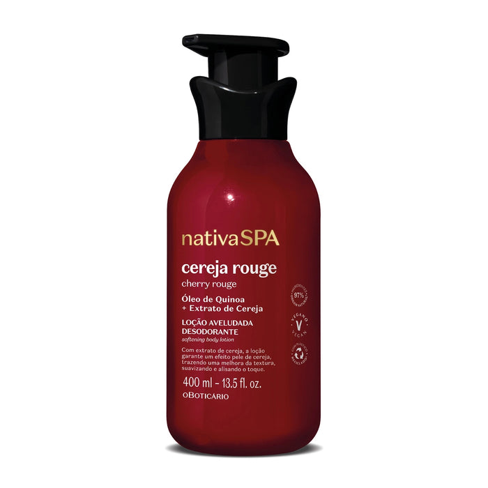 O Boticário Nativa SPA Cereja Rouge Velvety Deodorant Body Lotion 400 ml front view of the red cherry bottle – Buy now at MKPBR.COM – Worldwide Shipping