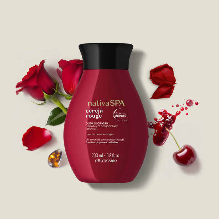 Boticário Nativa SPA Cereja Rouge body oil 200 ml packaging showing the red cherry fragrance line by O Boticário Brazil – Buy now at MKPBR.COM – Worldwide Shipping
