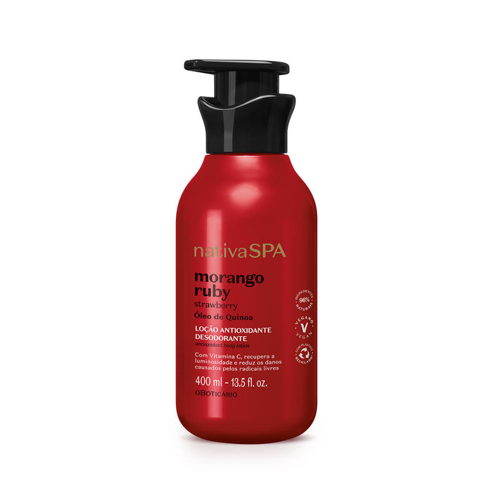 O Boticário Nativa SPA Morango Ruby Antioxidant Deodorant Body Lotion 400 ml front view of the ruby strawberry bottle – Buy now at MKPBR.COM – Worldwide Shipping