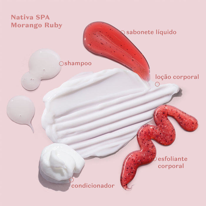 Creamy lotion texture and the full Nativa SPA Morango Ruby range by O Boticário shown alongside the 400 ml antioxidant body lotion – Buy now at MKPBR.COM – Worldwide Shipping