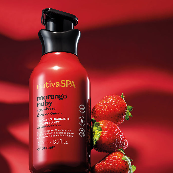 Vitamin C and ruby strawberry ingredient concept for Boticário Nativa SPA Morango Ruby Antioxidant Body Lotion 400 ml – Buy now at MKPBR.COM – Worldwide Shipping