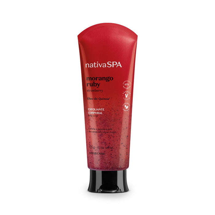 O Boticário Nativa SPA Morango Ruby Body Scrub 175 g red tube front view with strawberry and quinoa oil formula – Buy now at MKPBR.COM – Worldwide Shipping